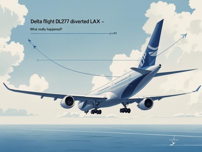 A wide-body aircraft flying over the Pacific Ocean with a reroute shown toward Los Angeles