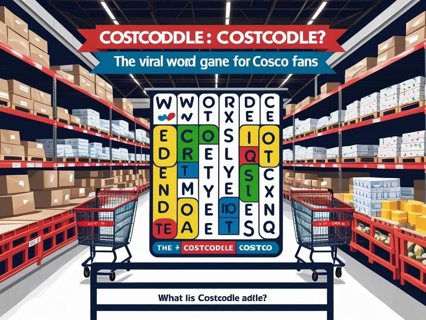 Daily word puzzle grid with green, yellow, and gray tiles in a Costco-style setting